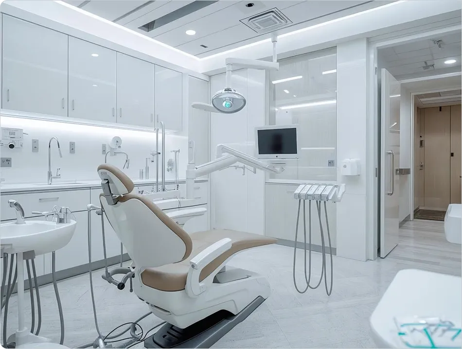 Modern dental clinic room with brown and white dental chair and equipment in a clean setting.